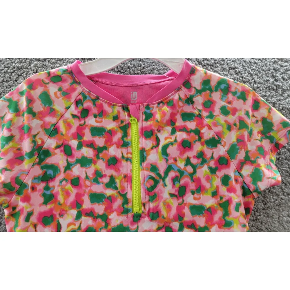 ID Ideology Blurred Floral Rash Guard Big Girls L Cerise Pink Half-Zip Closure
